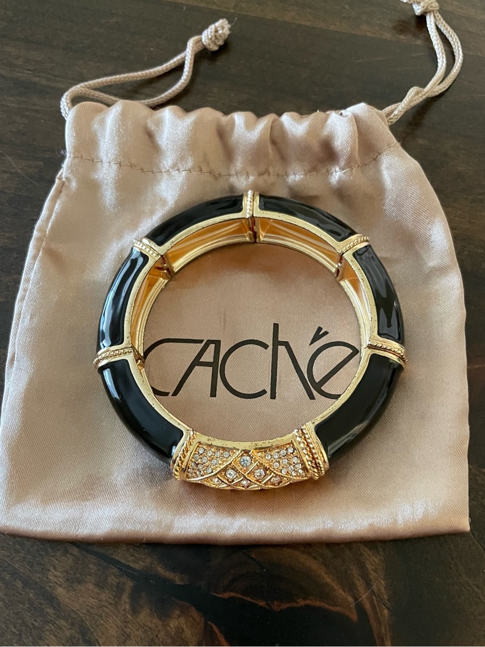Vintage Caché Black Enamel & Rhinestone Segmented Stretch Bracelet